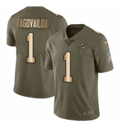 Men's Miami Dolphins #1 Tua Tagovailoa Olive Gold Stitched Limited 2017 Salute To Service Jersey