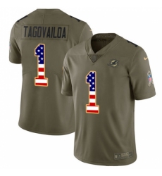 Men's Miami Dolphins #1 Tua Tagovailoa Olive USA Flag Stitched Limited 2017 Salute To Service Jersey