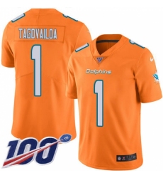 Men's Miami Dolphins #1 Tua Tagovailoa Orange Stitched Limited Rush 100th Season Jersey