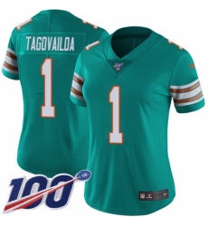 Women's Miami Dolphins #1 Tua Tagovailoa Aqua Green Alternate Stitched 100th Season Vapor Untouchable Limited Jersey