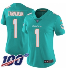 Women's Miami Dolphins #1 Tua Tagovailoa Aqua Green Team Color Stitched 100th Season Vapor Untouchable Limited Jersey