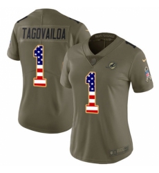 Women's Miami Dolphins #1 Tua Tagovailoa Olive USA Flag Stitched Limited 2017 Salute To Service Jersey