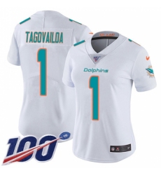 Women's Miami Dolphins #1 Tua Tagovailoa White Stitched 100th Season Vapor Untouchable Limited Jersey