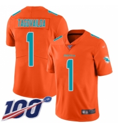 Youth Miami Dolphins #1 Tua Tagovailoa Orange Stitched Limited Inverted Legend 100th Season Jersey