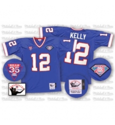 Mitchell And Ness Buffalo Bills #12 Jim Kelly Royal Blue 35th Anniversary Patch Authentic Throwback NFL Jersey