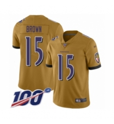 Men's Baltimore Ravens #15 Marquise Brown Limited Gold Inverted Legend 100th Season Football Jersey