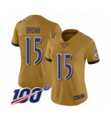 Women's Baltimore Ravens #15 Marquise Brown Limited Gold Inverted Legend 100th Season Football Jersey