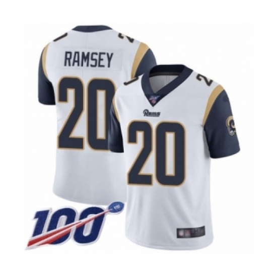 Men's Los Angeles Rams #20 Jalen Ramsey White Vapor Untouchable Limited Player 100th Season Football Jersey Men's Los Angeles Rams #20 Jalen Ramsey White Vapor Untouchable Limited Player 100th Season Football Jersey