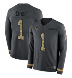 Men's Nike Cincinnati Bengals #1 JaMarr Chase Anthracite Salute to Service Stitched NFL Limited Therma Long Sleeve Jersey
