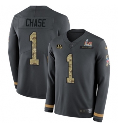 Men's Nike Cincinnati Bengals #1 JaMarr Chase Anthracite Super Bowl LVI Patch Salute to Service Stitched NFL Limited Therma Long Sleeve Jersey