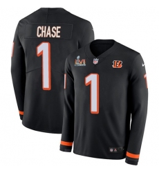 Men's Nike Cincinnati Bengals #1 JaMarr Chase Black Team Color Super Bowl LVI Patch Stitched NFL Limited Therma Long Sleeve Jersey