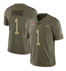 Men's Nike Cincinnati Bengals #1 JaMarr Chase Olive-Camo Super Bowl LVI Patch Stitched NFL Limited 2017 Salute To Service Jersey