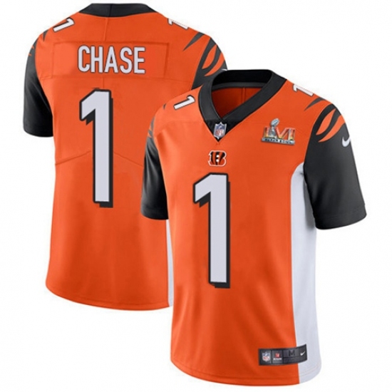 Men's Nike Cincinnati Bengals #1 JaMarr Chase Orange Alternate Super Bowl LVI Patch Stitched NFL Vapor Untouchable Limited Jersey