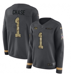 Women's Nike Cincinnati Bengals #1 JaMarr Chase Anthracite Salute to Service Stitched NFL Limited Therma Long Sleeve Jersey