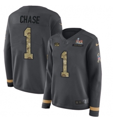 Women's Nike Cincinnati Bengals #1 JaMarr Chase Anthracite Super Bowl LVI Patch Salute to Service Stitched NFL Limited Therma Long Sleeve Jersey