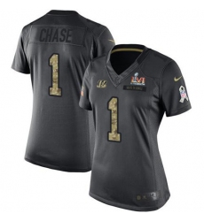Women's Nike Cincinnati Bengals #1 JaMarr Chase Black Super Bowl LVI Patch Stitched NFL Limited 2016 Salute to Service Jersey