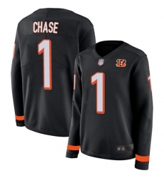 Women's Nike Cincinnati Bengals #1 JaMarr Chase Black Team Color Stitched NFL Limited Therma Long Sleeve Jersey