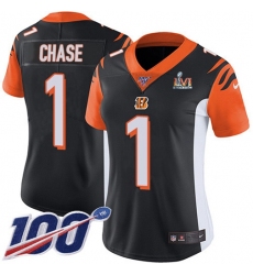 Women's Nike Cincinnati Bengals #1 JaMarr Chase Black Team Color Super Bowl LVI Patch Stitched NFL 100th Season Vapor Untouchable Limited Jersey