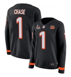 Women's Nike Cincinnati Bengals #1 JaMarr Chase Black Team Color Super Bowl LVI Patch Stitched NFL Limited Therma Long Sleeve Jersey