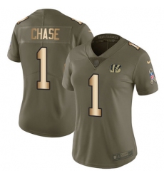 Women's Nike Cincinnati Bengals #1 JaMarr Chase Olive-Gold Stitched NFL Limited 2017 Salute To Service Jersey