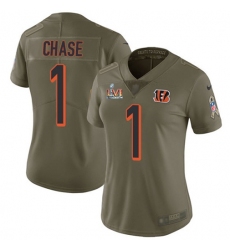 Women's Nike Cincinnati Bengals #1 JaMarr Chase Olive Super Bowl LVI Patch Stitched NFL Limited 2017 Salute to Service Jersey