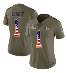 Women's Nike Cincinnati Bengals #1 JaMarr Chase Olive-USA Super Bowl LVI Patch Flag Stitched NFL Limited 2017 Salute To Service Jersey