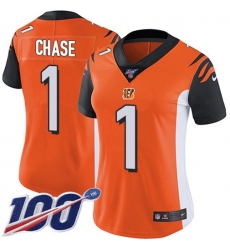 Women's Nike Cincinnati Bengals #1 JaMarr Chase Orange Alternate Stitched NFL 100th Season Vapor Untouchable Limited Jersey