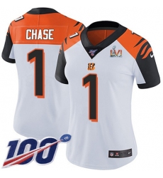 Women's Nike Cincinnati Bengals #1 JaMarr Chase White Super Bowl LVI Patch Stitched NFL 100th Season Vapor Untouchable Limited Jersey