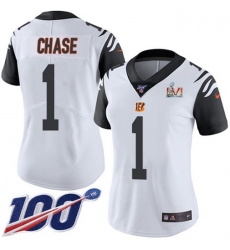 Women's Nike Cincinnati Bengals #1 JaMarr Chase White Super Bowl LVI Patch Stitched NFL Limited Rush 100th Season Jersey