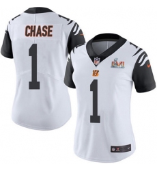 Women's Nike Cincinnati Bengals #1 JaMarr Chase White Super Bowl LVI Patch Stitched NFL Limited Rush Jersey