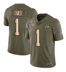 Youth Nike Cincinnati Bengals #1 JaMarr Chase Olive-Gold Super Bowl LVI Patch Stitched NFL Limited 2017 Salute To Service Jersey