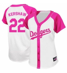 Women's Majestic Los Angeles Dodgers #22 Clayton Kershaw Replica White/Pink Splash Fashion MLB Jersey