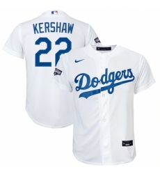 Youth Los Angeles Dodgers #22 Clayton Kershaw Nike White 2020 World Series Champions Home Replica Player Jersey