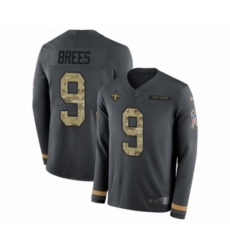 Men's Nike New Orleans Saints #9 Drew Brees Limited Black Salute to Service Therma Long Sleeve NFL Jersey