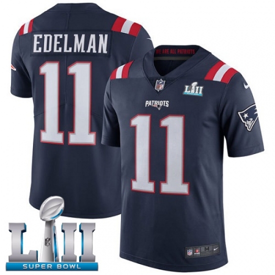 Men's Nike New England Patriots #11 Julian Edelman Limited Navy Blue Rush Vapor Untouchable Super Bowl LII NFL Jersey Men's Nike New England Patriots #11 Julian Edelman Limited Navy Blue Rush Vapor Untouchable Super Bowl LII NFL Jersey