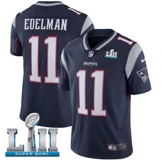 Men's Nike New England Patriots #11 Julian Edelman Navy Blue Team Color Vapor Untouchable Limited Player Super Bowl LII NFL Jersey Men's Nike New England Patriots #11 Julian Edelman Navy Blue Team Color Vapor Untouchable Limited Player Super Bowl LII NFL Jersey
