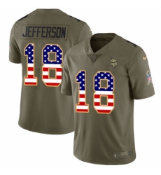 Men's Minnesota Vikings #18 Justin Jefferson Olive USA Flag Stitched NFL Limited 2017 Salute To Service Jersey