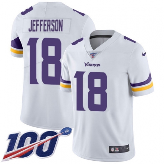 Men's Minnesota Vikings #18 Justin Jefferson White Stitched NFL 100th Season Vapor Untouchable Limited Jersey Men's Minnesota Vikings #18 Justin Jefferson White Stitched NFL 100th Season Vapor Untouchable Limited Jersey