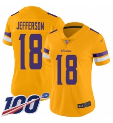 Women's Minnesota Vikings #18 Justin Jefferson Gold Stitched NFL Limited Inverted Legend 100th Season Jersey