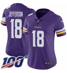 Women's Minnesota Vikings #18 Justin Jefferson Purple Team Color Stitched NFL 100th Season Vapor Untouchable Limited Jersey