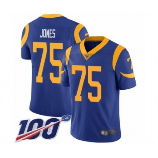 Men's Los Angeles Rams #75 Deacon Jones Royal Blue Alternate Vapor Untouchable Limited Player 100th Season Football Jersey Men's Los Angeles Rams #75 Deacon Jones Royal Blue Alternate Vapor Untouchable Limited Player 100th Season Football Jersey