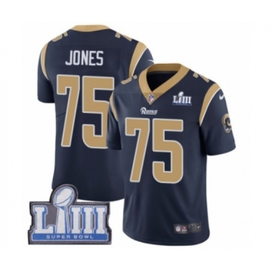 Men's Nike Los Angeles Rams #75 Deacon Jones Navy Blue Team Color Vapor Untouchable Limited Player Super Bowl LIII Bound NFL Jersey Men's Nike Los Angeles Rams #75 Deacon Jones Navy Blue Team Color Vapor Untouchable Limited Player Super Bowl LIII Bound NFL Jersey