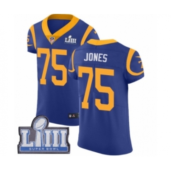 Men's Nike Los Angeles Rams #75 Deacon Jones Royal Blue Alternate Vapor Untouchable Elite Player Super Bowl LIII Bound NFL Jersey Men's Nike Los Angeles Rams #75 Deacon Jones Royal Blue Alternate Vapor Untouchable Elite Player Super Bowl LIII Bound NFL Jersey