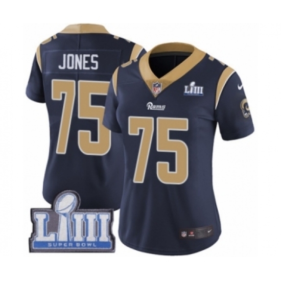 Women's Nike Los Angeles Rams #75 Deacon Jones Navy Blue Team Color Vapor Untouchable Limited Player Super Bowl LIII Bound NFL Jersey Women's Nike Los Angeles Rams #75 Deacon Jones Navy Blue Team Color Vapor Untouchable Limited Player Super Bowl LIII Bound NFL Jersey