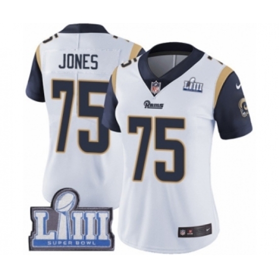 Women's Nike Los Angeles Rams #75 Deacon Jones White Vapor Untouchable Limited Player Super Bowl LIII Bound NFL Jersey Women's Nike Los Angeles Rams #75 Deacon Jones White Vapor Untouchable Limited Player Super Bowl LIII Bound NFL Jersey