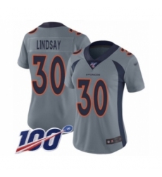 Women's Nike Denver Broncos #30 Phillip Lindsay Limited Silver Inverted Legend 100th Season NFL Jersey