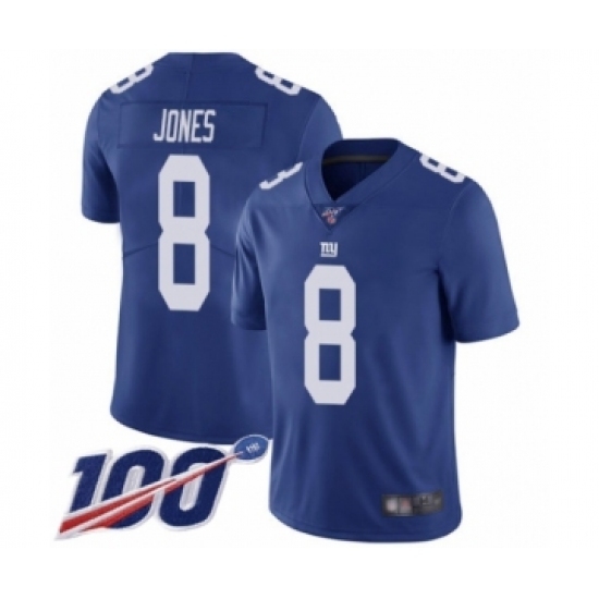 Men's New York Giants #8 Daniel Jones Royal Blue Team Color Vapor Untouchable Limited Player 100th Season Football Jersey Men's New York Giants #8 Daniel Jones Royal Blue Team Color Vapor Untouchable Limited Player 100th Season Football Jersey