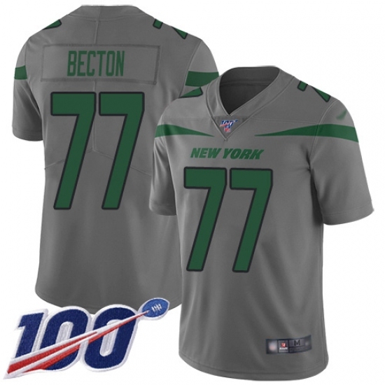 Men's New York Jets #77 Mekhi Becton Gray Stitched Limited Inverted Legend 100th Season Jersey Men's New York Jets #77 Mekhi Becton Gray Stitched Limited Inverted Legend 100th Season Jersey