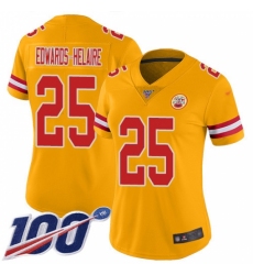 Women's Kansas City Chiefs #25 Clyde Edwards-Helaire Gold Stitched Limited Inverted Legend 100th Season Jersey