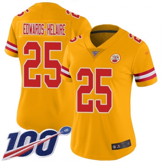 Women's Kansas City Chiefs #25 Clyde Edwards-Helaire Gold Stitched Limited Inverted Legend 100th Season Jersey Women's Kansas City Chiefs #25 Clyde Edwards-Helaire Gold Stitched Limited Inverted Legend 100th Season Jersey